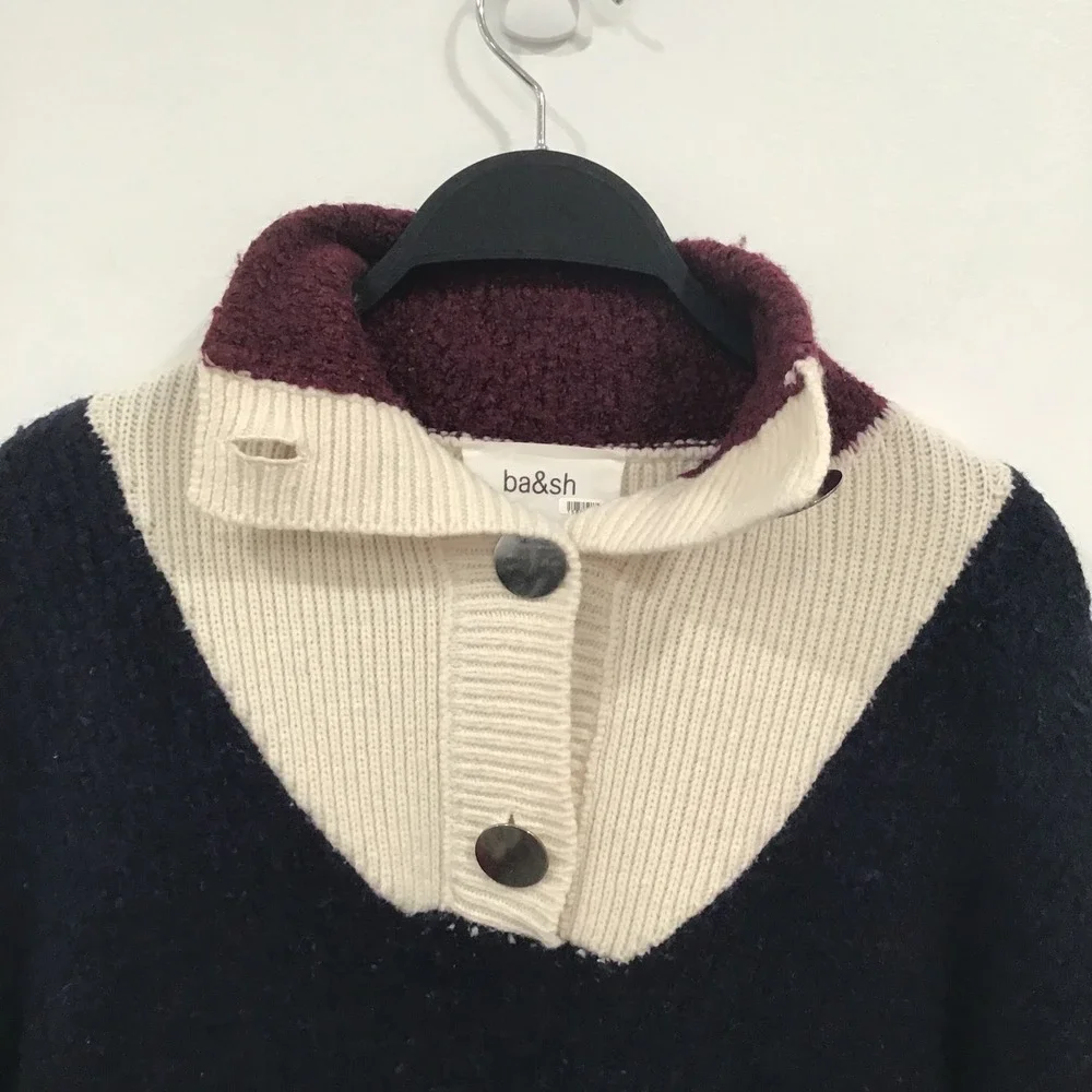 ba&sh Colorblock Lady Cadigan Benji Sweater Womens 1 Navy Burgundy US Small wool